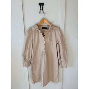 Pomander Place Tan Khaki Ruffle Neck Puff Sleeve Smocked Cuff Mini Dress XS